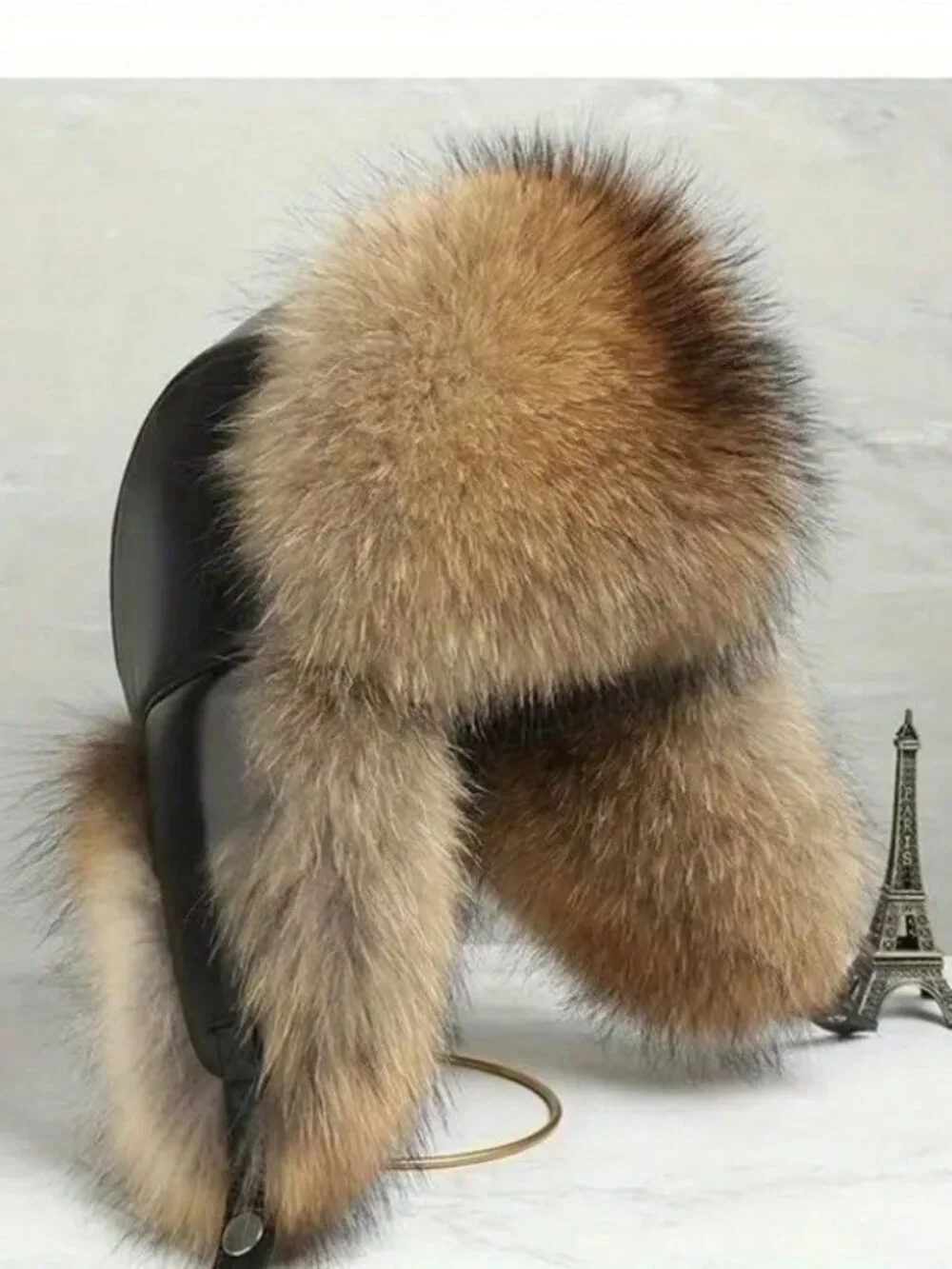 Women's black Faux leather Brown faux fur trapper hat